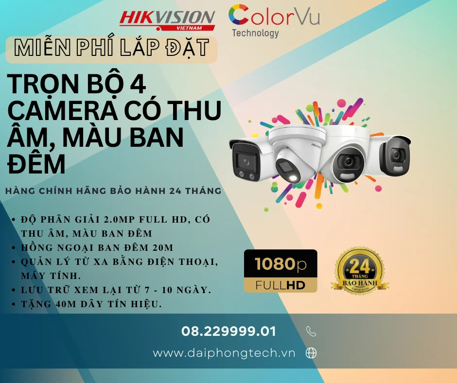 Trọn Bộ Camera Hikvision 4 Mắt 2MP Thu Tiếng Có Màu Ban Đêm