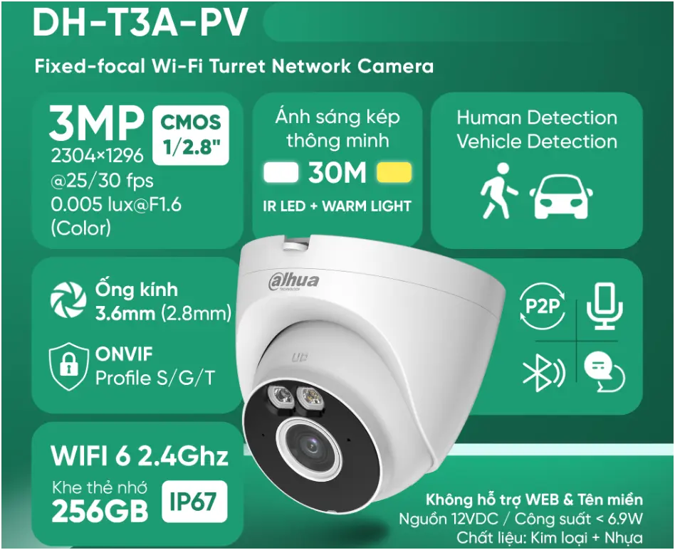 Camera WiFi DAHUA DH-T3A-PV 3MP Đàm Thoại Màu Ban Đêm