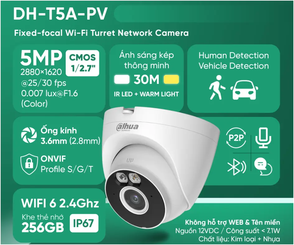 Camera WiFi DAHUA DH-T5A-PV 3MP Đàm Thoại Màu Ban Đêm
